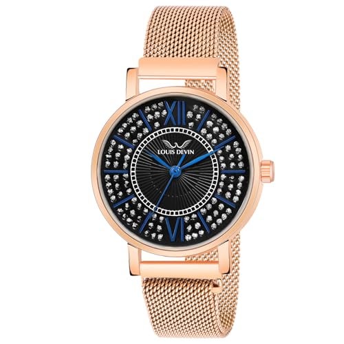 LOUIS DEVIN Rose Gold Plated Mesh Chain Analog Wrist Watch for Women (Black Dial) |LD-RG194-BLK - Image 1