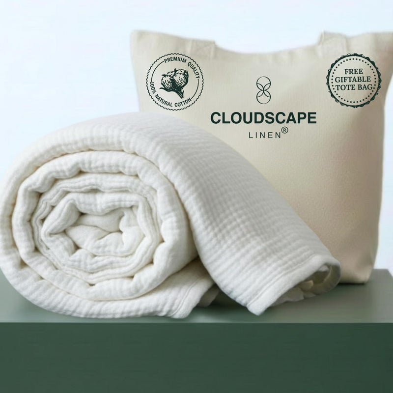 CLOUDSCAPE LINEN Luxury 100 Cotton Muslin Blanket King Size 4 Layer Oversized 92x108 Fit Upto Calking Bed Layering Winter Blankets for Bed Soft Cotton Gauze Quilt All Season White Bedding