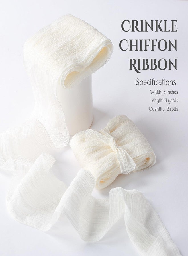 Keypan Ivory Chiffon Crinkle Ribbon 3 inch Handmade Fabric Silk Ribbon for Bridal Flower Bouquet Wedding Decor Gift Wrapping 2 Rolls 6 Yd - Image 2