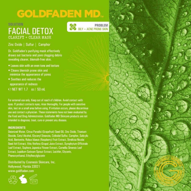 GOLDFADEN MD Facial Detox Mask Clarifying Face Mask w/Zinc Oxide, Sulfur, Salicylic Acid & Grapefruit Purifying Deep Clean Minimizes the Appearance of Redness, Blackheads & Pores 1.7 ï¬‚ oz - Image 4