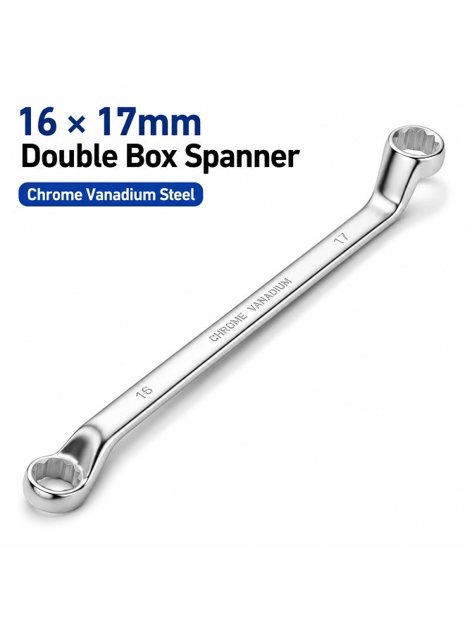 16mm x 17mm Deep Offset Double Box End Wrench, Metric 12-Point Ring Spanner, Heavy Duty Chrome Vanadium Steel Hand Tool for Automotive & Mechanical Repair in Tight Spaces - Image 1