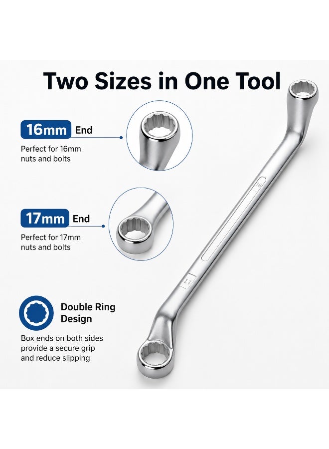 16mm x 17mm Deep Offset Double Box End Wrench, Metric 12-Point Ring Spanner, Heavy Duty Chrome Vanadium Steel Hand Tool for Automotive & Mechanical Repair in Tight Spaces - Image 2