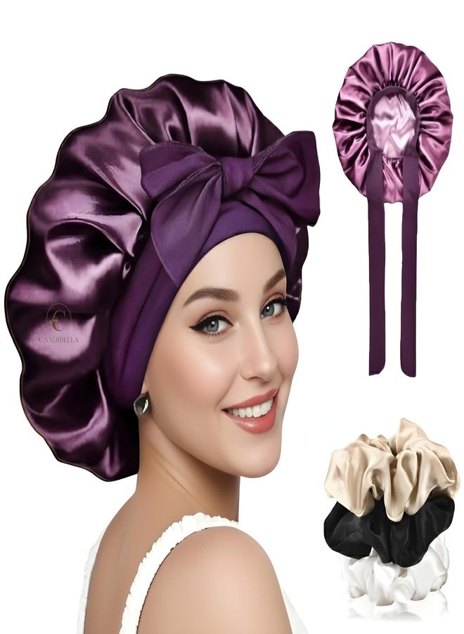 Candibella قبعة كانديبيلا الحريرية للشعر مع 3 ربطات شعر، قبعة شعر قابلة للتعديل للنوم، قبعة ساتان للشعر المجعد مع رباط مطاطي عريض (IN، ألفا، مقاس حر، توت، قبعات حريرية) - Image 1