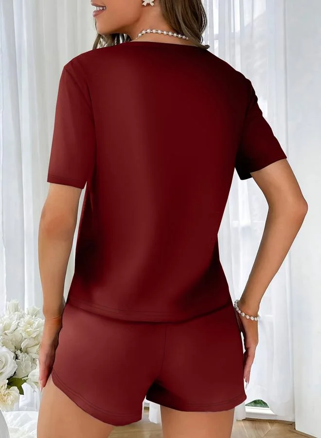Take Two Burgundy Slogan Text Print T-Shirt and Shorts Set