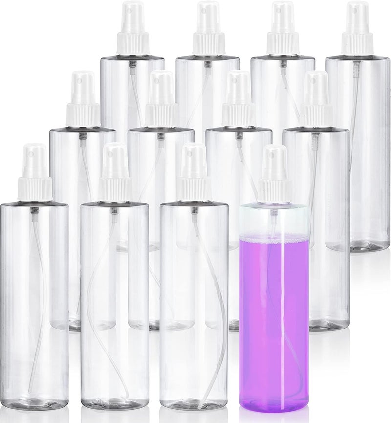 JUVITUS 12 oz Clear Professional Cylinder Plastic Bottles with White Fine Mist Sprayer (12 Pack)