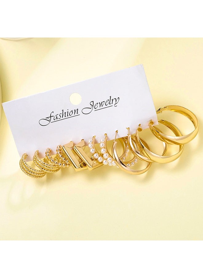 STAUD - 6 Pairs Gold Earrings Set for Women, Lightweight Fashion Pearl Chain Link Stud Drop Dangle C-Shaped Gold Hoop Earrings, Hypoallergenic Dangle Earrings Jewelry for Gift Women Girls Lady - Image 1