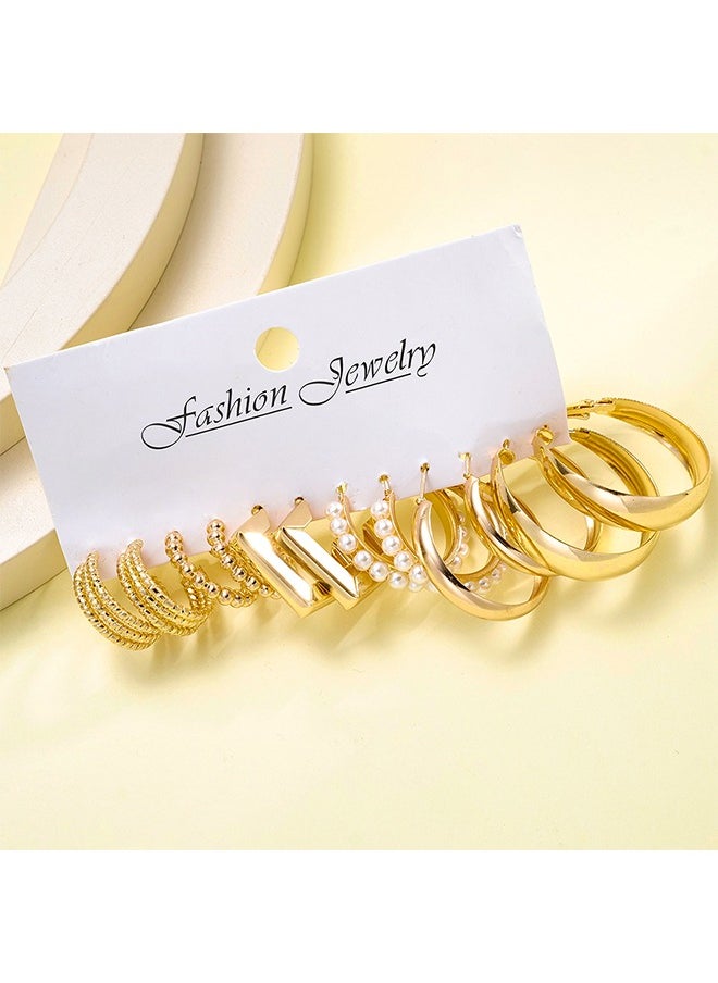 STAUD - 6 Pairs Gold Earrings Set for Women, Lightweight Fashion Pearl Chain Link Stud Drop Dangle C-Shaped Gold Hoop Earrings, Hypoallergenic Dangle Earrings Jewelry for Gift Women Girls Lady - Image 1