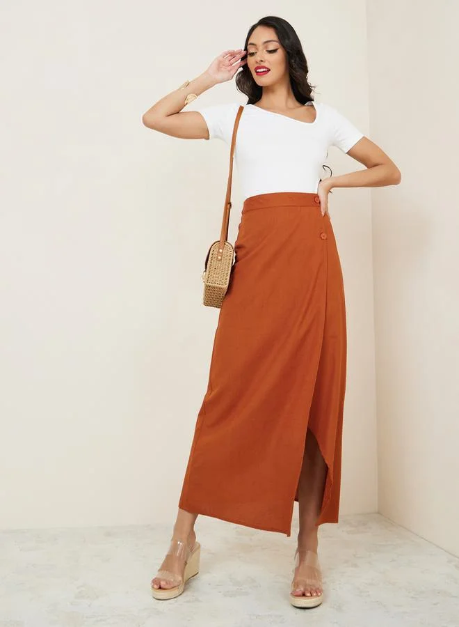 Styli High Rise Wrap Maxi Skirt with Buttons