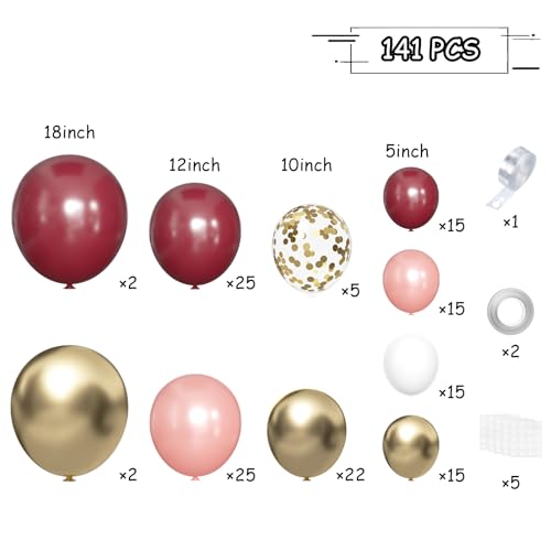 MEBAY Burgundy Balloon Arch Kit 141 Pcs Maroon Metallic Chrome Gold Rose Gold and White Latex Balloons Different Sizes 18 12 10 5 Inch for Birthday Wedding Anniversary Bridal Bachelorette Wine Party - Image 5