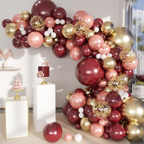 MEBAY Burgundy Balloon Arch Kit 141 Pcs Maroon Metallic Chrome Gold Rose Gold and White Latex Balloons Different Sizes 18 12 10 5 Inch for Birthday Wedding Anniversary Bridal Bachelorette Wine Party - Image 1