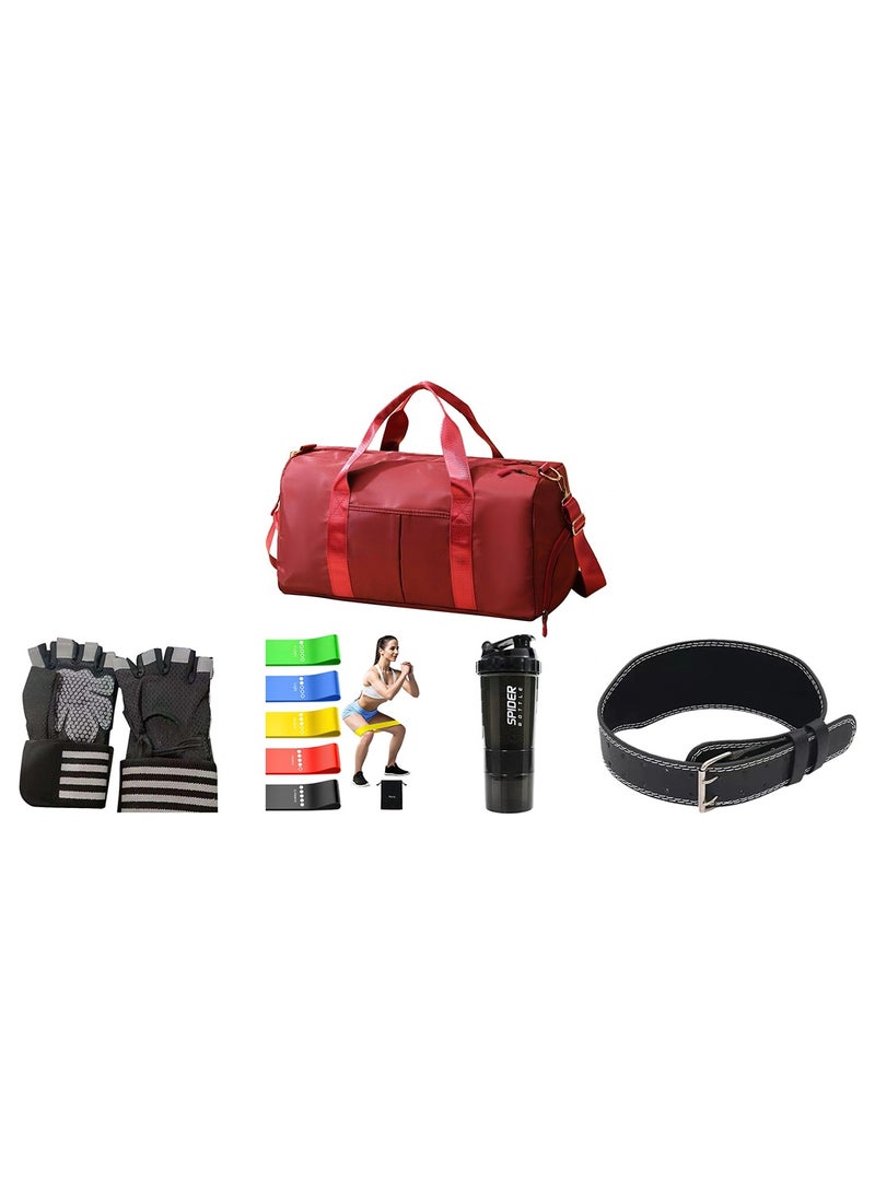 Bodycare Fitness Combo Off Red Gym Bag, Weightlifting Gym Belt, Professional Gym Gloves, Protein Shaker Bottle And Resistand Band  - Image 1