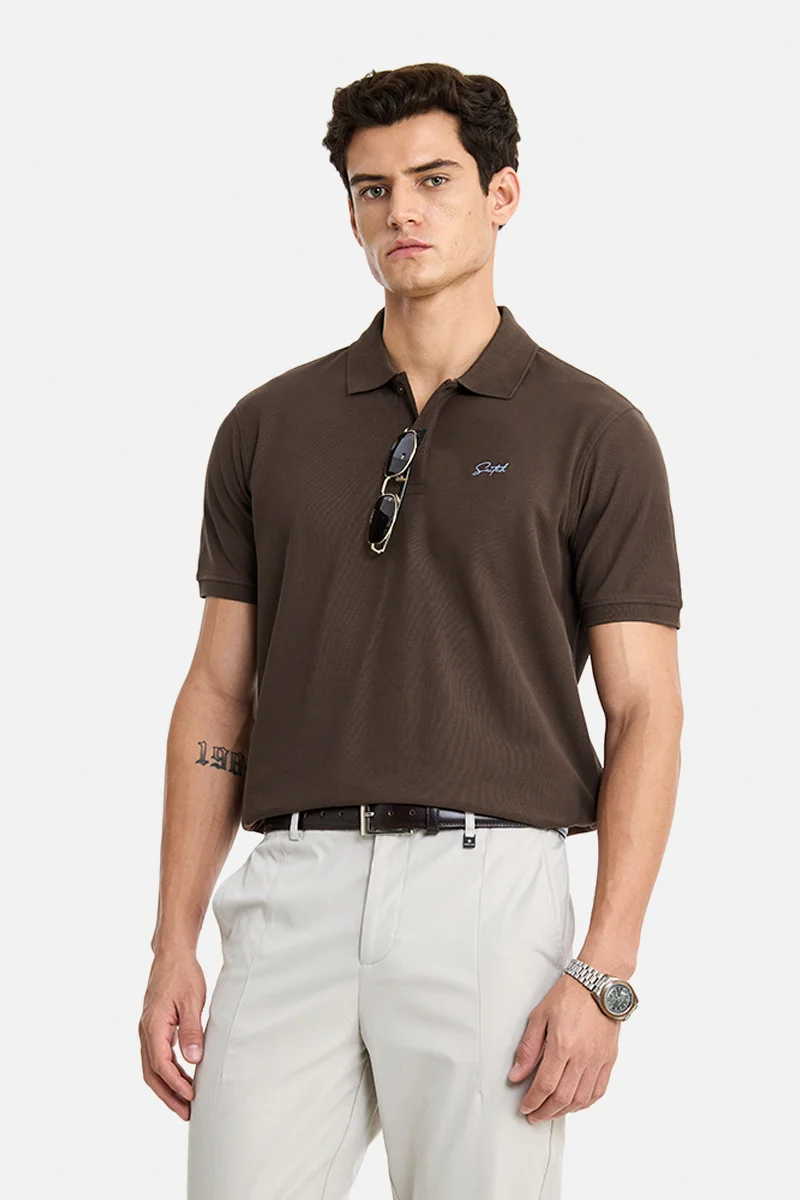 سنيتش Dark Brown Solid Half Sleeve Regular Fit Casual T-Shirt