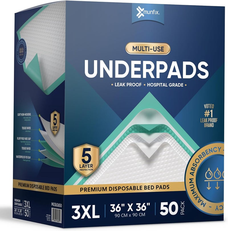 Munfix 50 Pack Disposable Bed Pads 36 X 36 Inches, Super Absorbent Extra Large Incontinence Underpads, 125 Gram Heavy Duty Ultra Absorbency Medical Chux, Baby Changing Pad, Dog Puppy Pet Training Pee Pad