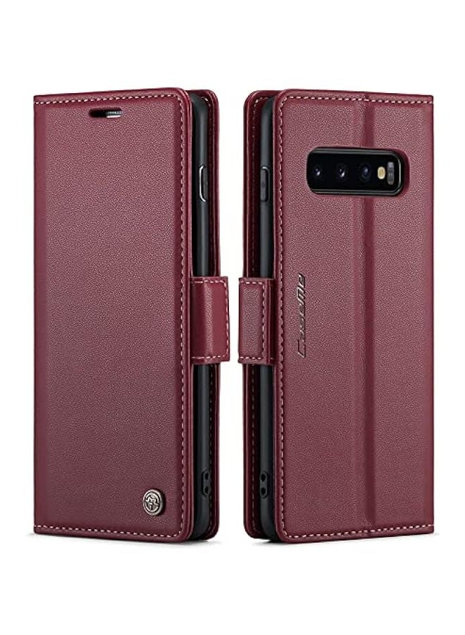 Samsung Galaxy S10 Wallet Case - Magnetic Stand Flip Cover with RFID Blocking Card Holder - Fashion Wine Red - Image 1