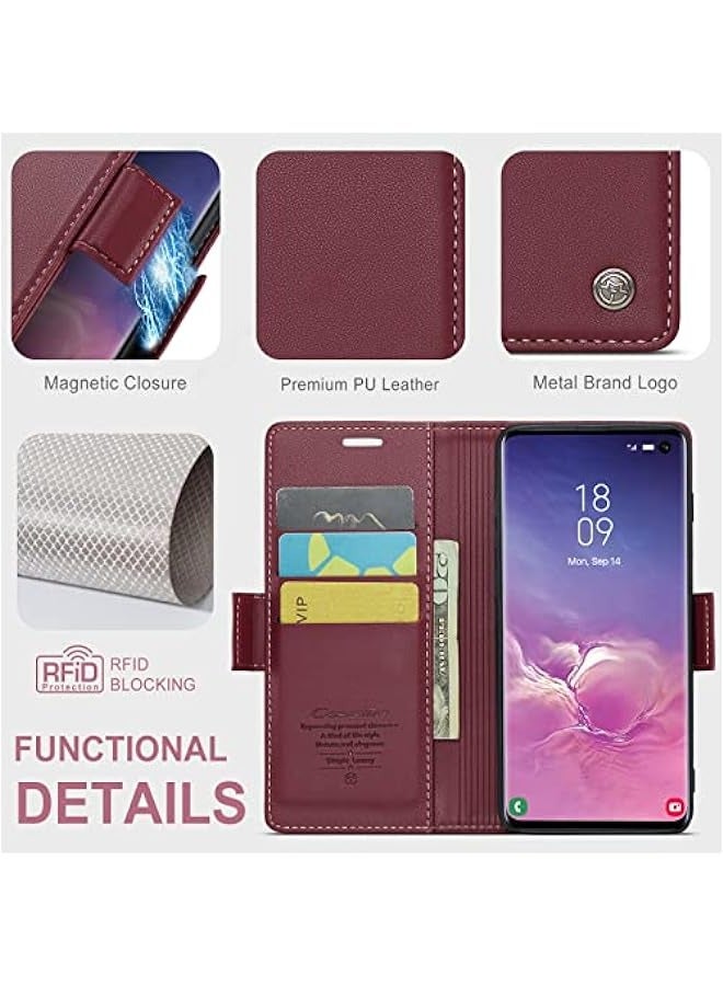 Samsung Galaxy S10 Wallet Case - Magnetic Stand Flip Cover with RFID Blocking Card Holder - Fashion Wine Red - Image 4