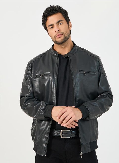 Leather Look Front Zip Detail Biker Jacket
