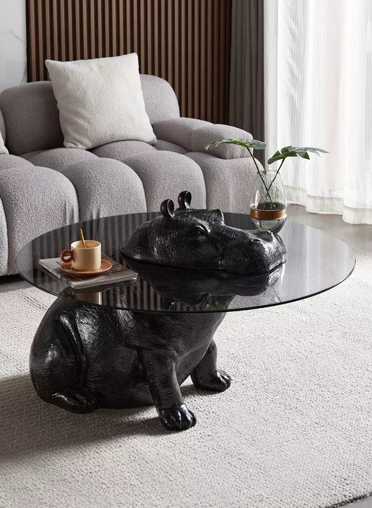 Merry Moments Hippo Coffee Table Modern Coffee Table Cafe Table Sofa Side Table End Table Snack Table Fshion Design for Living Room Bedroom Office Retail Premium Tempered Glass Top Fibreglass Base H65xL85xW85 cm - Image 4