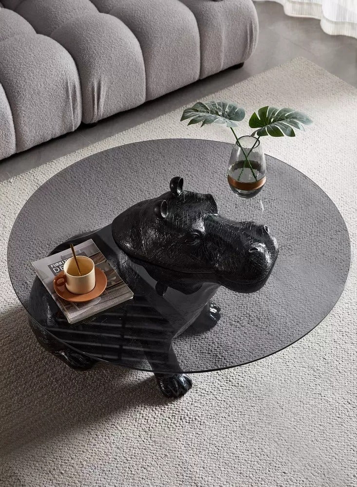Merry Moments Hippo Coffee Table Modern Coffee Table Cafe Table Sofa Side Table End Table Snack Table Fshion Design for Living Room Bedroom Office Retail Premium Tempered Glass Top Fibreglass Base H65xL85xW85 cm - Image 5