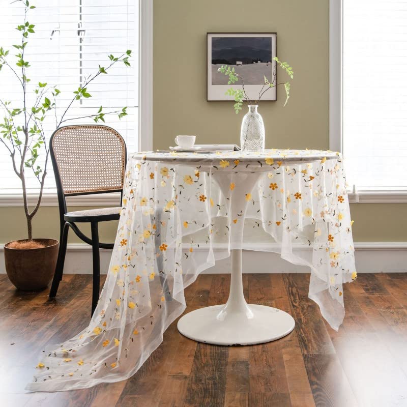 Poowe Rectangular Table Cloth Lace Vintage Tablecloth Shabby Chic Embroidered Oblong Tablecover for Wedding Banquet Holiday Long Dinner Tables (Yellow Relief Lace, 59" x 71") - Image 1