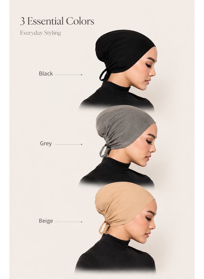 DMG TECH 3PCS Hijab Inner Cap for Women Breathable Mercerized Cotton Adjustable Tie Back Underscarf Bonnet Set - Image 2