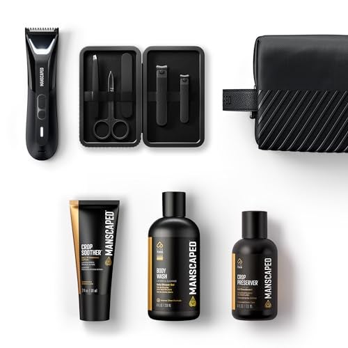 MANSCAPED The Premier Package 50 Ultra with The Lawn Mower 50 Ultra Mens Groin Body Hair Trimmer Shears 30 Crop Preserver Ball Deodorant Refined Body Wash Crop Soother Shed 20
