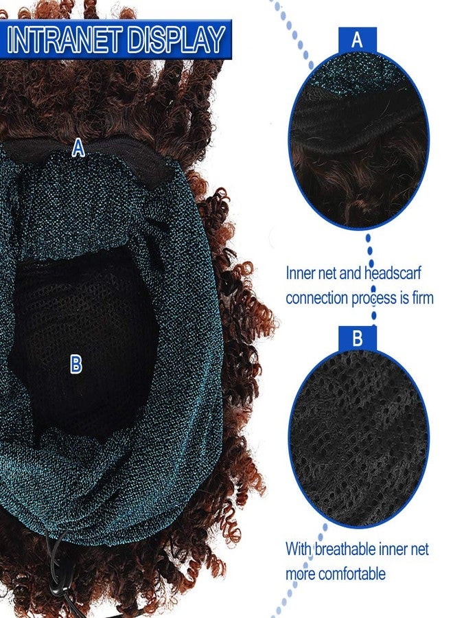 Aisaide Curly Wigs for Black Women, Headband Wigs with Bangs, Synthetic Short Afro Kinky Curly Wig with Headband Attached, Drawstring High Afro Puff Brown Curly Wig Turban - Image 4