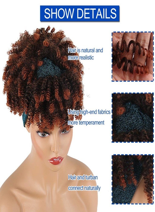 Aisaide Curly Wigs for Black Women, Headband Wigs with Bangs, Synthetic Short Afro Kinky Curly Wig with Headband Attached, Drawstring High Afro Puff Brown Curly Wig Turban - Image 5