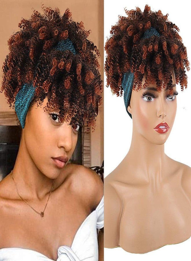 Aisaide Curly Wigs for Black Women, Headband Wigs with Bangs, Synthetic Short Afro Kinky Curly Wig with Headband Attached, Drawstring High Afro Puff Brown Curly Wig Turban - Image 1