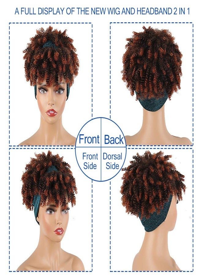 Aisaide Curly Wigs for Black Women, Headband Wigs with Bangs, Synthetic Short Afro Kinky Curly Wig with Headband Attached, Drawstring High Afro Puff Brown Curly Wig Turban - Image 2
