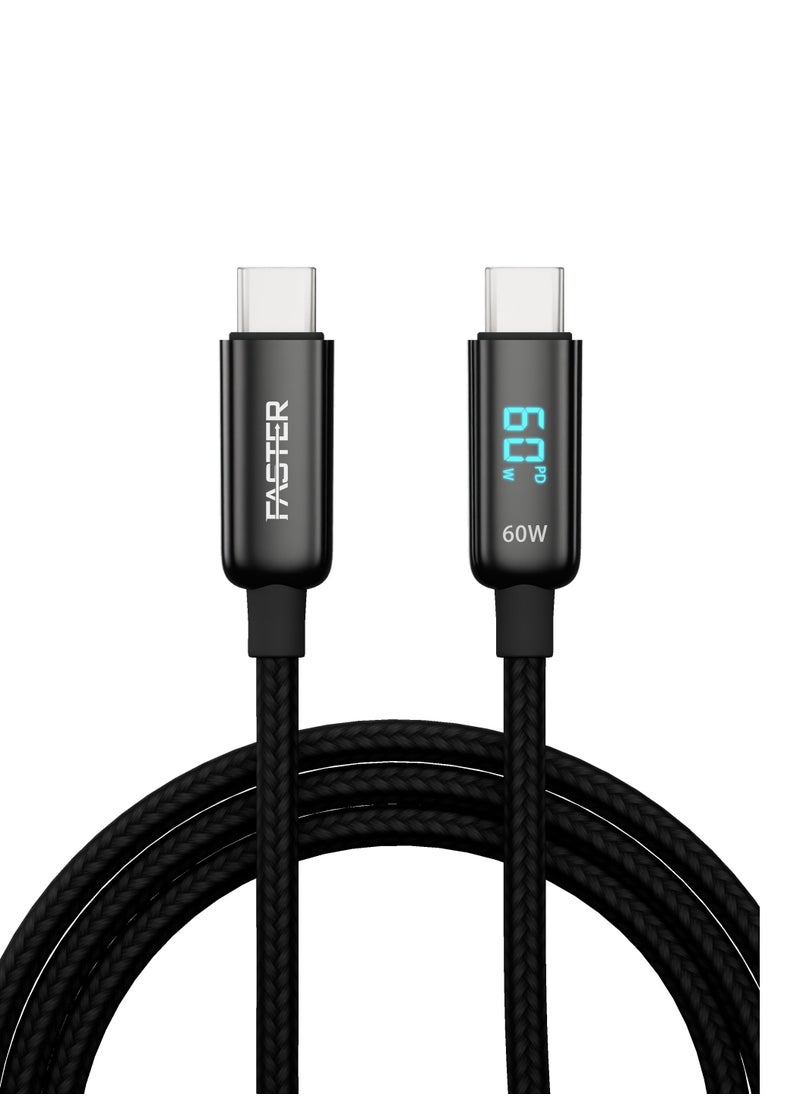 فاستر - كابل شحن سريع 60 وات USB-C إلى C بطول 1 متر مع شاشة LED - كابل من النوع C لأجهزة iPhone وAndroid وMacbook والكمبيوتر المحمول - كابل شاحن طويل مجدول للشحن السريع PD - كابل بيانات متين وسريع - Image 1