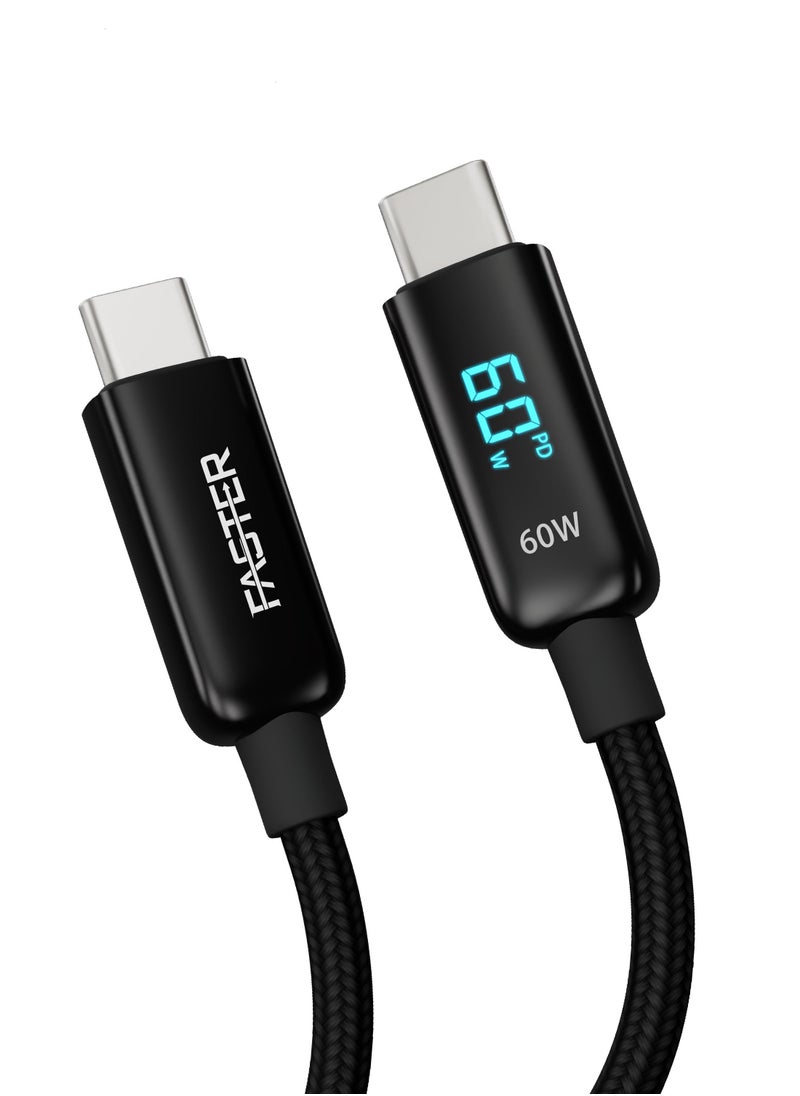 Faster 60W USB-C to C Fast Charging Cable 1 Meter with LED Display - Type-C Cable for iPhone, Android, Macbook, Laptop - Braided Long Charger Cable for PD Fast Charging - Durable and Fast Data Cable  - Image 1