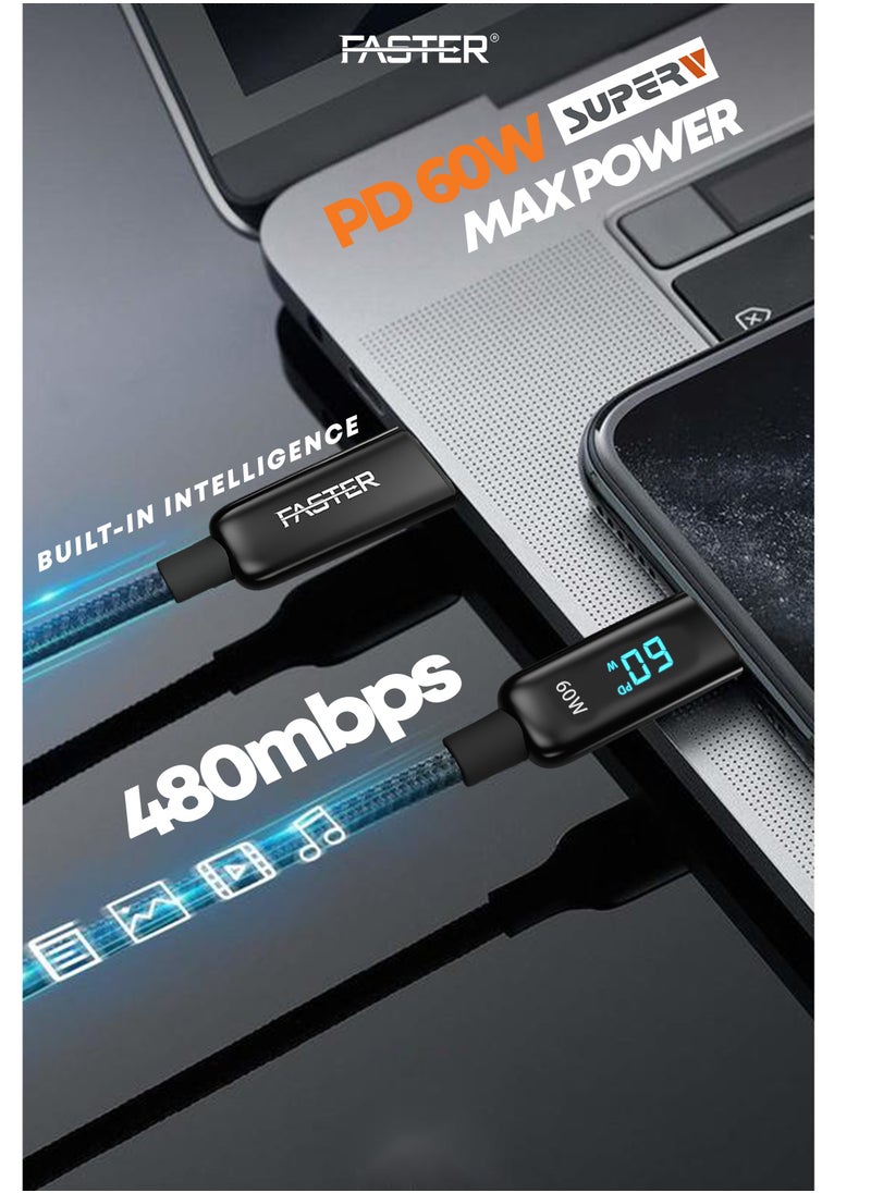 فاستر - كابل شحن سريع 60 وات USB-C إلى C بطول 1 متر مع شاشة LED - كابل من النوع C لأجهزة iPhone وAndroid وMacbook والكمبيوتر المحمول - كابل شاحن طويل مجدول للشحن السريع PD - كابل بيانات متين وسريع - Image 1