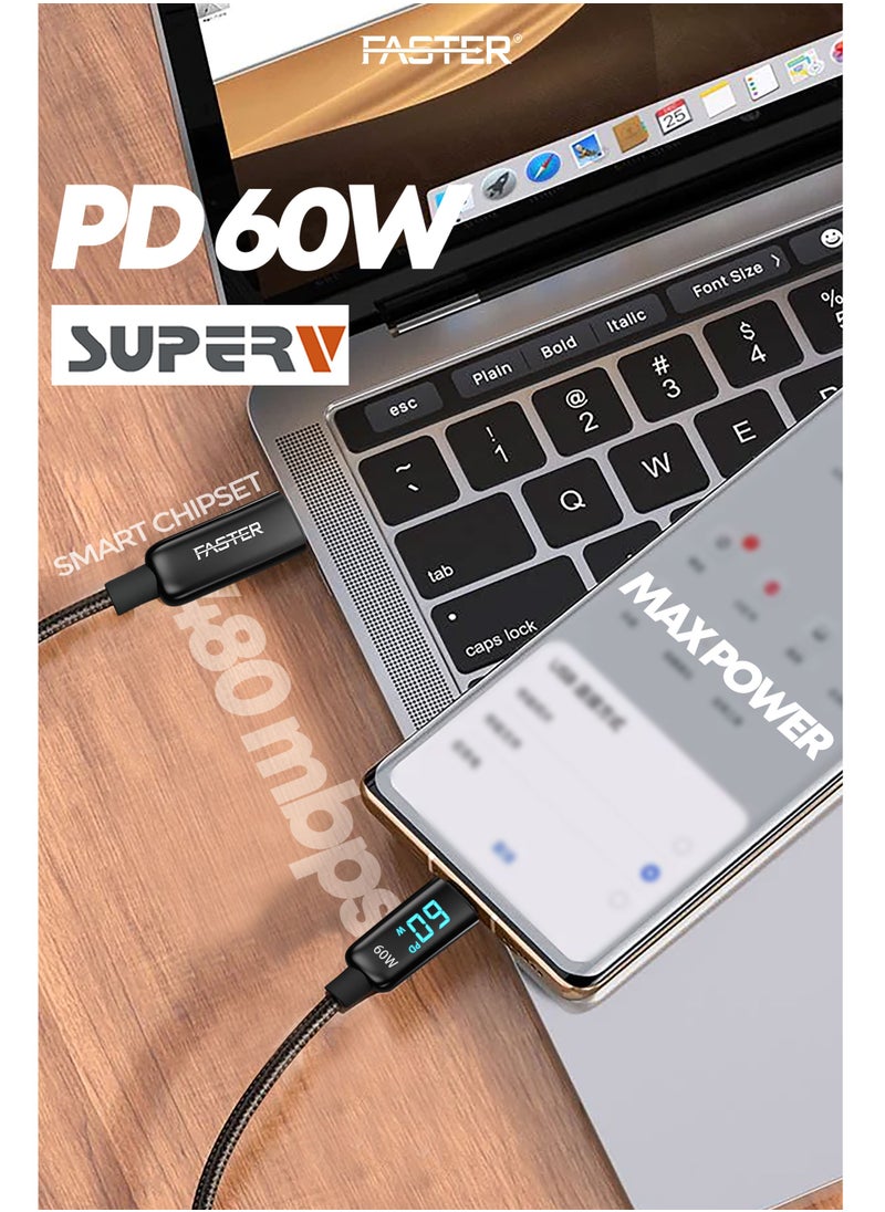 فاستر - كابل شحن سريع 60 وات USB-C إلى C بطول 1 متر مع شاشة LED - كابل من النوع C لأجهزة iPhone وAndroid وMacbook والكمبيوتر المحمول - كابل شاحن طويل مجدول للشحن السريع PD - كابل بيانات متين وسريع - Image 1
