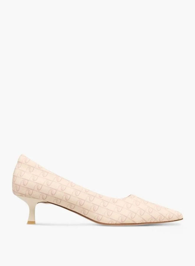 Paprika Monogram Print Pointed Toe Slip-On Pumps with Kitten Heels