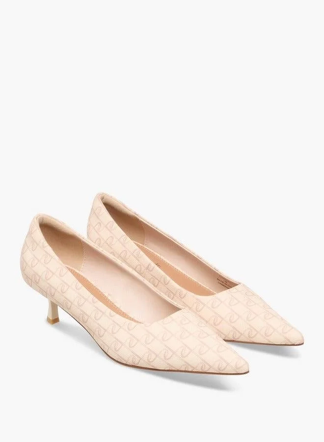 Paprika Monogram Print Pointed Toe Slip-On Pumps with Kitten Heels