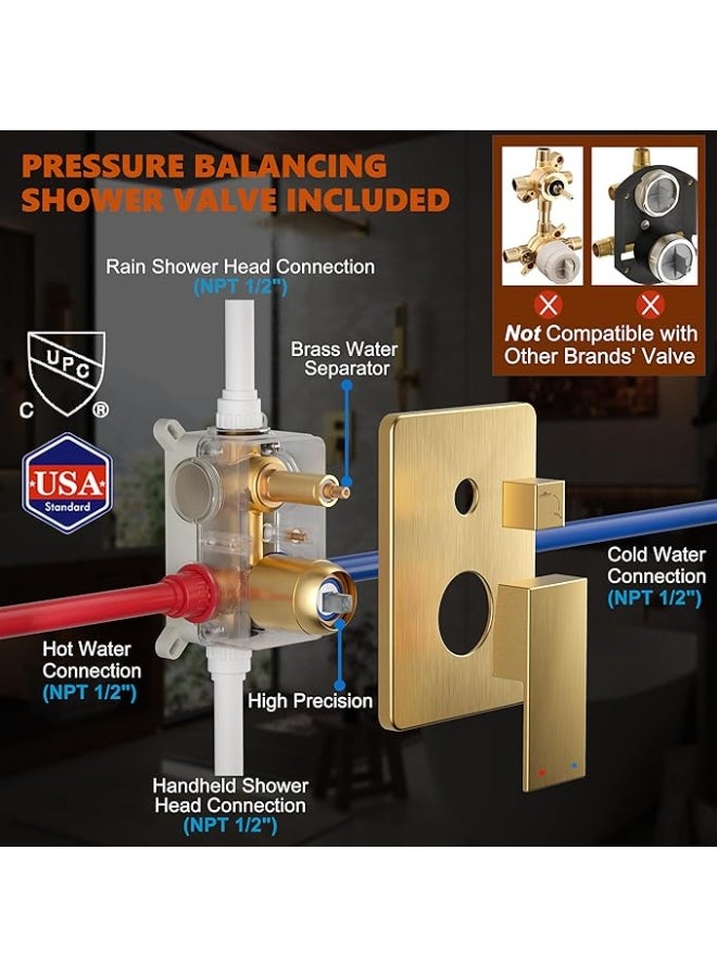 YD Luxury Wall Mounted Rainfall Shower System with Handheld Shower Set, Concealed Shower Mixer Valve Kit, High Pressure Square Rain Shower Head, Modern Bathroom Shower Combo with Adjustable Hand Shower Hose - Image 4