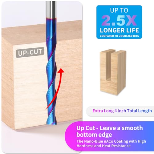 EANOSIC Extra Long 4 Inch Upcut Spiral Router Bit 1/4 Inch Shank, 1/4 Inch Cutting Diameter, Solid Carbide with NACO Coating CNC Router Bits End Mill for Wood Cut, Trimming, Carving - Image 3