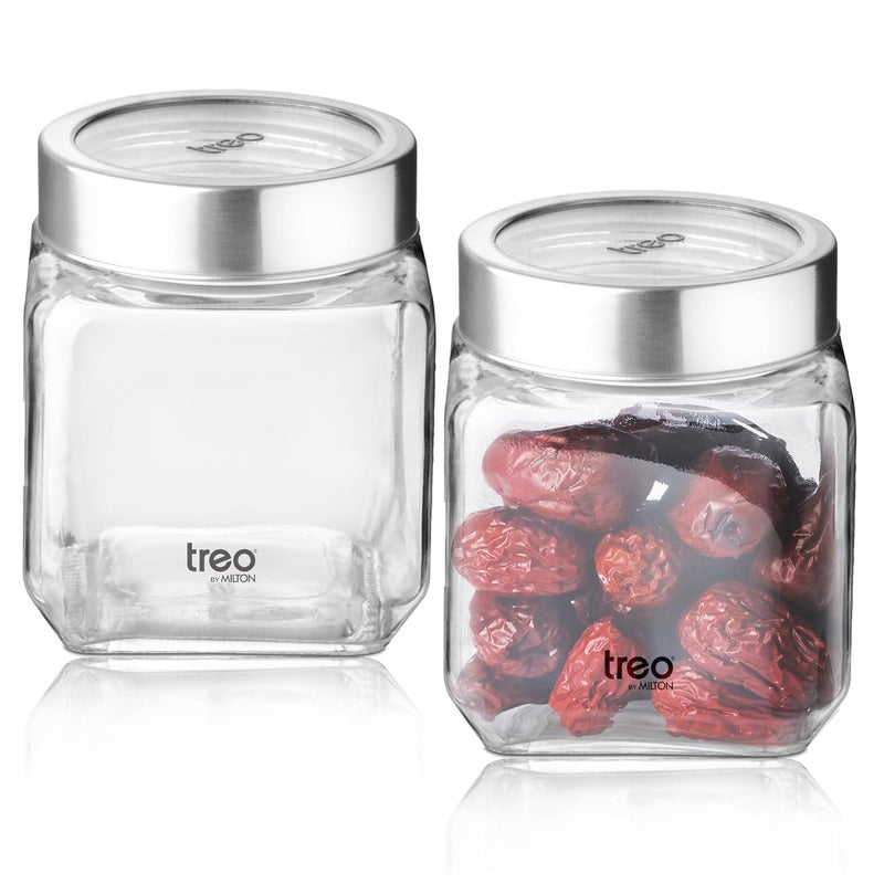 TREO by Milton Cube Storage Containers, Set of 2, Glass Jar with Air Tight Steel Lid, 580 ml each, Transparent Jars for Snacks, Pulses, Masala, Pickles, Cereals, Cookies, Dry Food - Image 1