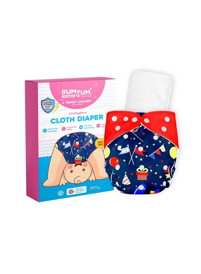 Bumtum 0 To 3 Years Baby Freesize Ultrahygiene Waterproof Cloth Diaper 5Hrs Absorbency ; Washable & Reusable Diaper And Cotton Soaker (Pack Of 1 Dark Blue Red Birthday Red) - Image 2