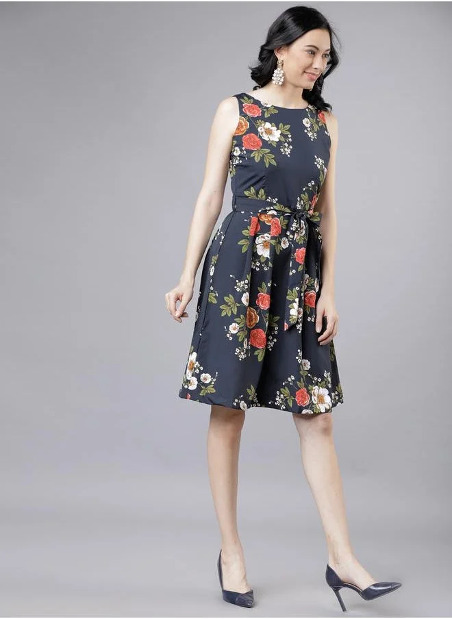 Tokyo Talkies Tokyo Talkies Floral Print Fit and Flare Knee Length Dress with Tie-Belt