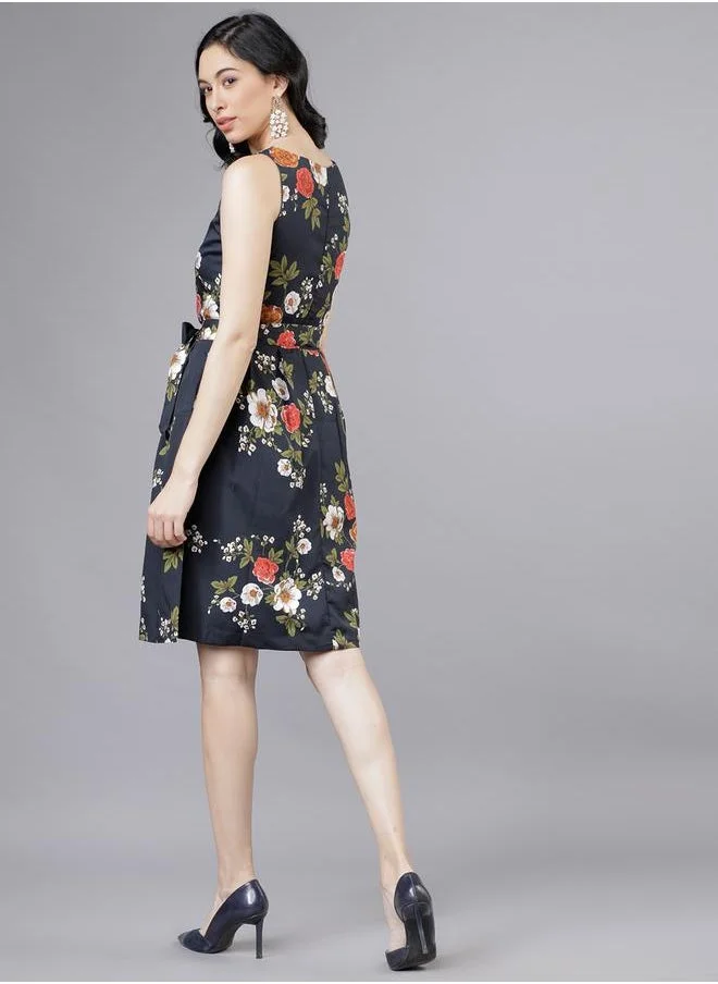 Tokyo Talkies Tokyo Talkies Floral Print Fit and Flare Knee Length Dress with Tie-Belt