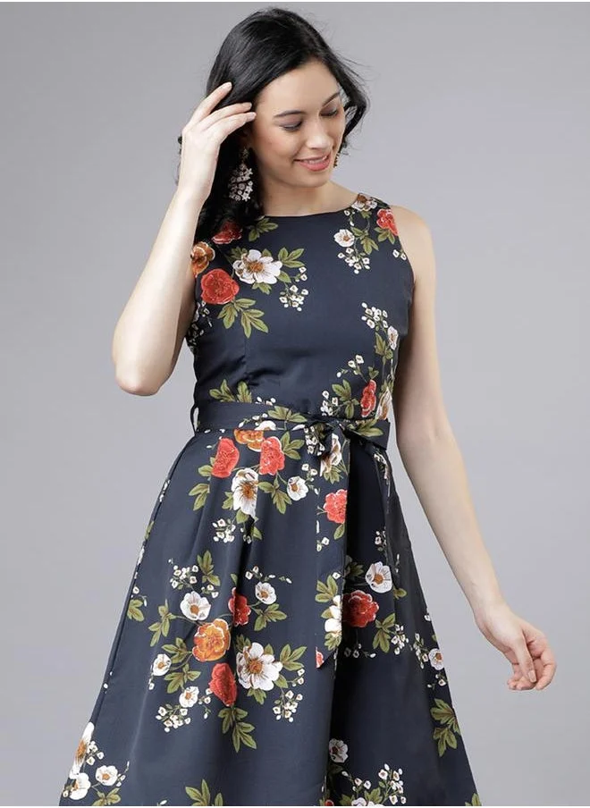 Tokyo Talkies Tokyo Talkies Floral Print Fit and Flare Knee Length Dress with Tie-Belt
