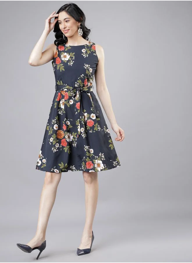 Tokyo Talkies Floral Print Fit and Flare Knee Length Dress with Tie-Belt