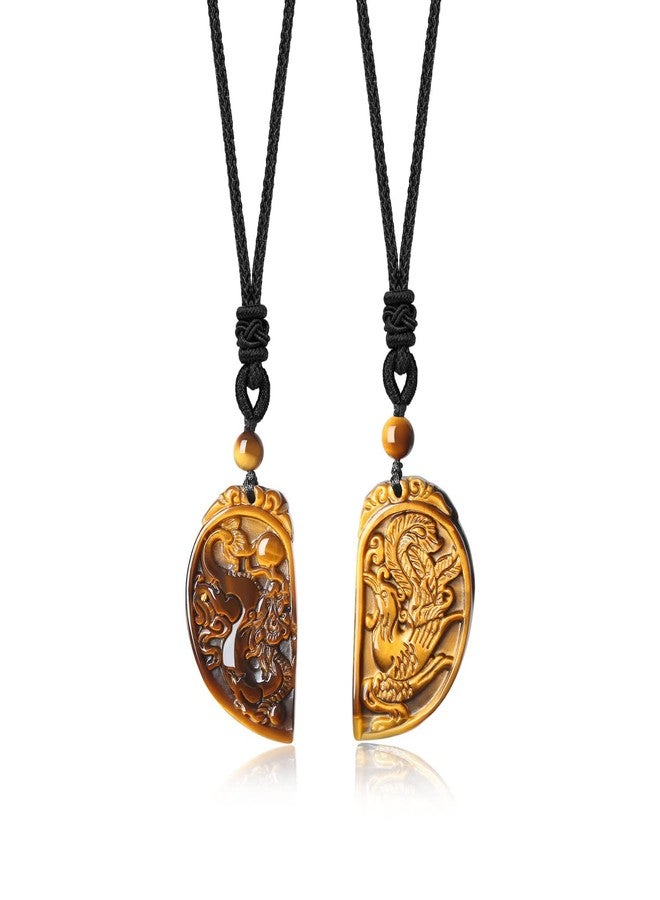 COAI 2 Sets Genuine Tiger Eye Dragon and Phoenix Couple Necklaces Stones Pendant - Image 1