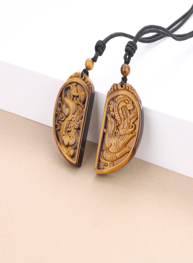 COAI 2 Sets Genuine Tiger Eye Dragon and Phoenix Couple Necklaces Stones Pendant - Image 3