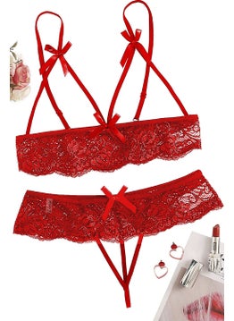 Liona Plus Size Fantasy Underwear Private Areas Light Red Lace Fantasy Bra G String Set  - Image 1
