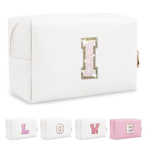 ChaoGreat Small Initial Patch Makeup Bag Personalized Gifts Make Up Bag,White Cute PU Leather Glitter Letter Cosmetic Bag with Zipper,Trendy Portable Travel Toiletry Pouch,Preppy Stuff for Teen Girls Women I - Image 1