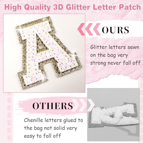 ChaoGreat Small Initial Patch Makeup Bag Personalized Gifts Make Up Bag,White Cute PU Leather Glitter Letter Cosmetic Bag with Zipper,Trendy Portable Travel Toiletry Pouch,Preppy Stuff for Teen Girls Women I - Image 3