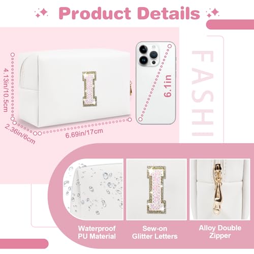 ChaoGreat Small Initial Patch Makeup Bag Personalized Gifts Make Up Bag,White Cute PU Leather Glitter Letter Cosmetic Bag with Zipper,Trendy Portable Travel Toiletry Pouch,Preppy Stuff for Teen Girls Women I - Image 2