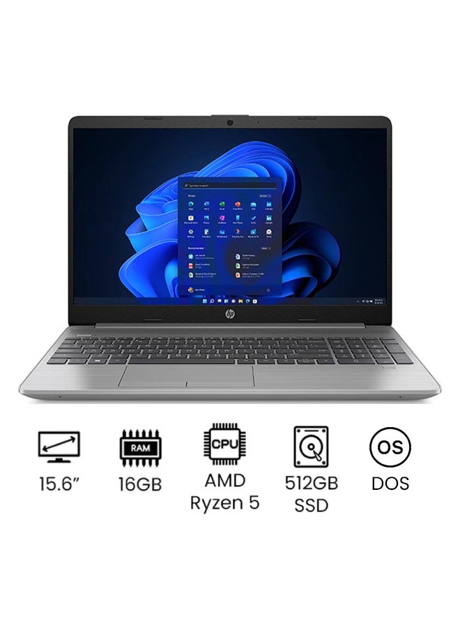 HP لابتوب 255 G9 بشاشة 15.6 بوصة عالية الدقة بالكامل (1920×1080)، معالج AMD Ryzen 5-5625U، ذاكرة وصول عشوائي 16 جيجابايت، قرص صلب SSD سعة 512 جيجابايت، بطاقة رسومات AMD Radeon، نظام تشغيل DOS (بدون ويندوز)، يدعم اللغتين الإنجليزية والعربية، لون فضي لامع. الإنجليزية/العربية فضي - Image 1